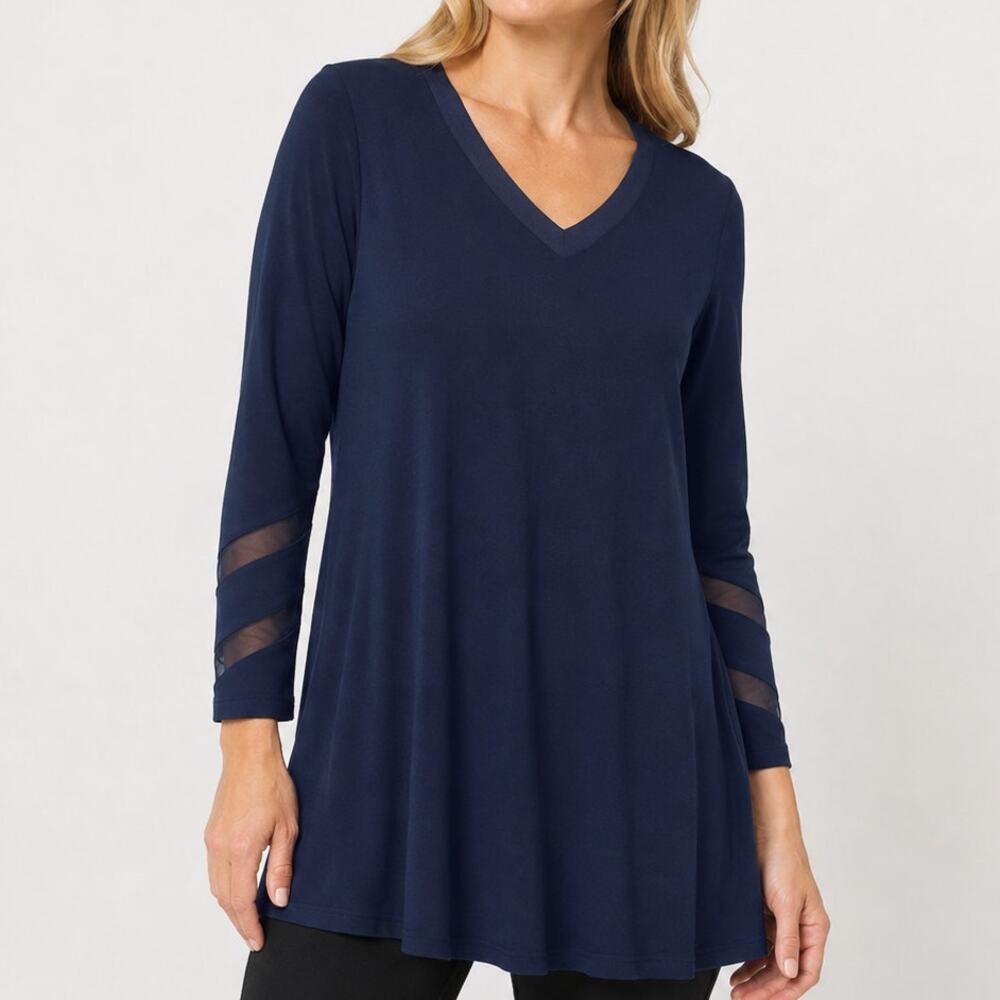 Sympli V Neck Tunic Top Size 6 Navy Blue 3/4 Mesh Cut out Sleeves Lagenlook